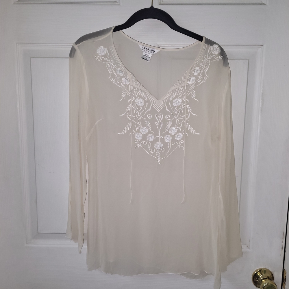 Silk Cream Embroidered Women's Top - Med